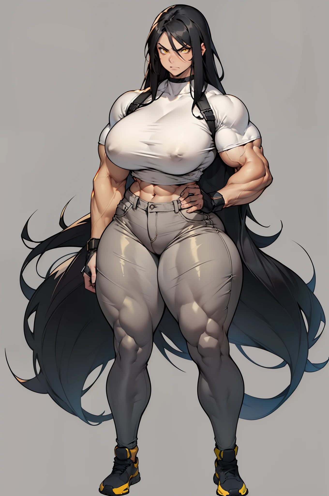 ((grey background)), solo, ((((1 girl)))), very long hair, black hair, angry, yellow eyes, ((((((muscular)))))), (((huge tits))), (((thick thighs))), (((wide hips))), (full body), pale skin, (tight shirt), (tight pants), standing