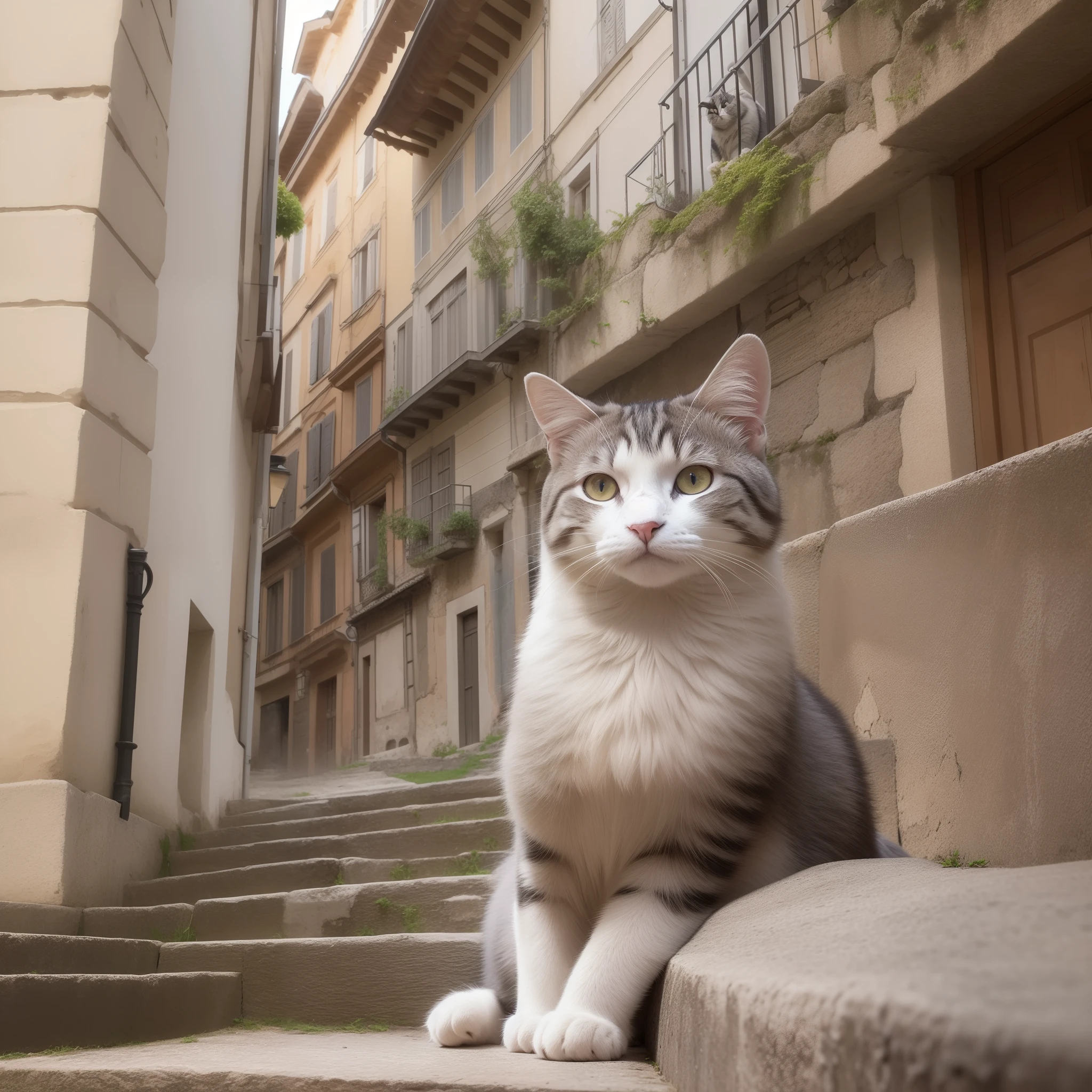 Photo, masutepiece, Piece of art, Super Detail, High quality, awardwinning, 8K, up close shot, Cat, Solo, Cute, Beautiful fur, long fur, light gray, Sitting on the stairs, Clear eyes, Think of something fun, Stately stone staircase, In the old town, In Rome, Quiet and relaxed atmosphere, in a sunny day, Cinematic Light, Feels like a story