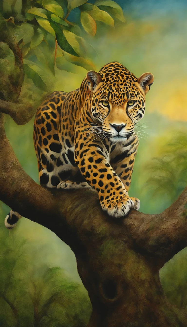 Jaguar on top of a tree, pintura, Aquarela, desenho disforme, Surrealista, junto com macaco sagui