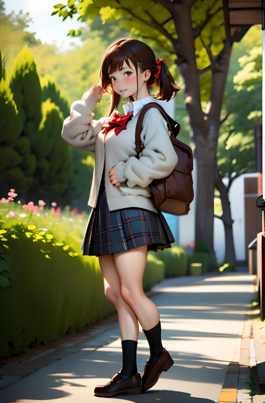 top-quality,masutepiece,Anime style,parfect anatomy,独奏,skirt by the, bags, plein air, jaket, Standing, sockes, shoe, looking at the viewers, Brown Footwear, 校服, Plaid, lowfers, blazers, brown haired, plaid skirts, Black socks, long-sleeve, bangss, Open your clothes, Open jacket, the bow, Brown-eyed, pleatedskirt, a bow tie, tag, length hair, full body Esbian, bush, Red bow, Knee height, The shirt, Mouth closed, sleeves past wrists, rucksack, hand on own face, red bowtie, Black jacket, a school bag, red blush, a plant, Brown skirt, Put your hand on your cheek, bblurry, From Side, raise two hands, look at side, shirt with collar, a miniskirt, white  shirt, Cardigan, Grassy, Sweaters, Light smile,longshot, (low angles), (top down), Realistic scale,Significant shrinkage:1.5、photos realistic、Super Detail, Realistic, Super realistic, lifelike rendering,plein air,Cherry blossom blooming street,Professional Photographer