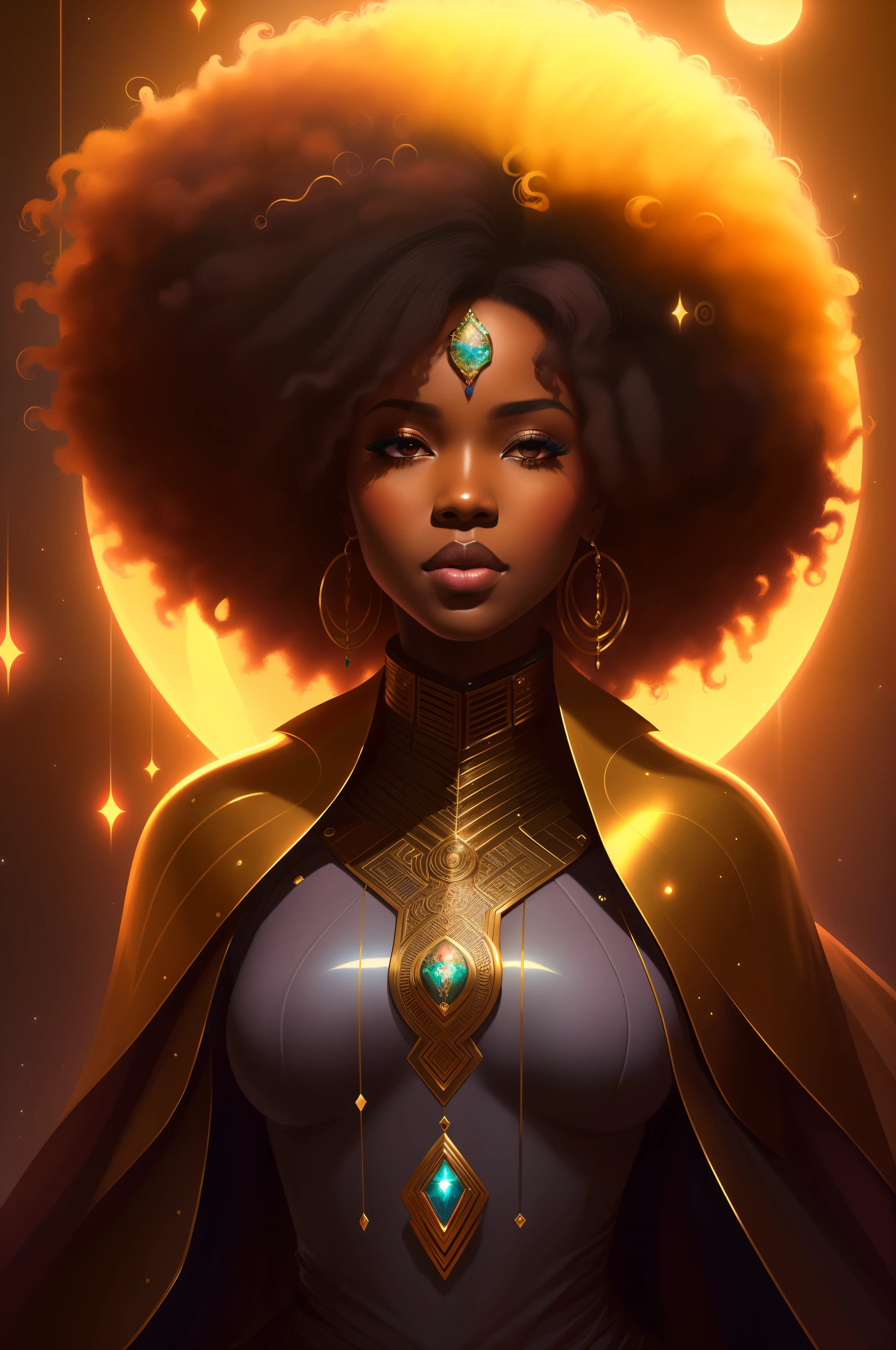 a close up of a woman with a large afro and a cape, rossdraws | afrofuturism, dark skin female goddess of love, stunning digital illustration, charlie bowater rich deep colors, epic portrait illustration, charlie bowater character art, artgerm julie bell beeple, beautiful digital illustration, afrofuturism, charlie bowater art style, jen bartel
