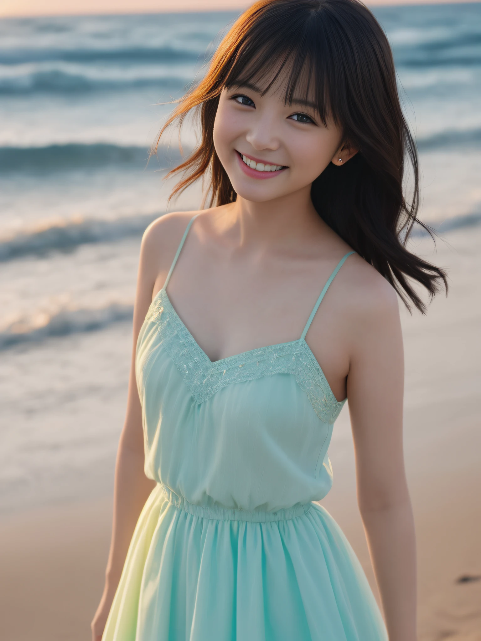 Only one girl、((perfect bodies)))、(masterpiece)、((top-quality))、(ultra-detailliert)、((extremely delicate and beautiful))、nffsw,(((incredibly absurdness)))、((perfect bodies)))、(((A dark-haired+short-cut+Okappa)))、(((Looking at the camera)))、{{{maternal}}}、small tits、(The best smile that makes you happy)、Camisole Dress Figure、mare+Background with、dynamic ungle、female focus on、{Particles of light}、Meticulous background、((paul hedley)))、Soft lighting、Evening glow、Very saturated sunset、Live action、realisitic、Angle from above、cute smile face、the background is blurred.12year old、being thin、Beautiful teeth、the wind、movement、emotional、colourfull