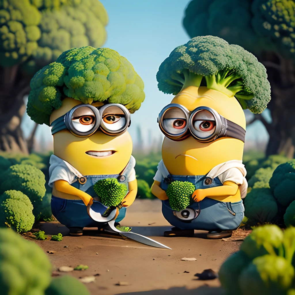 A broccoli plant,Two Minions holding scissors are pruning