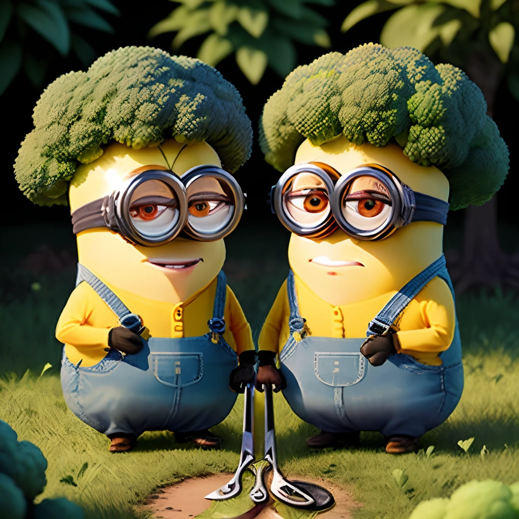 A broccoli plant，Two Minions holding scissors are pruning