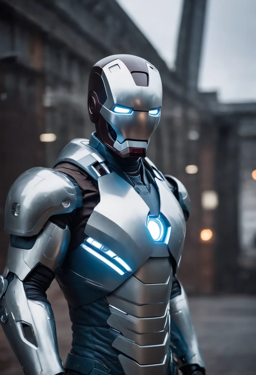 Chrome Iron Man hooded man in a blue white rubber jacket with a single mirror reflecting bright eye, vestindo sci - fi capa com capuz, olhos brilhantes no capacete, hacker cyberpunk, Holograma Sci - Capuz FI, Cyberpunk ortodoxo, no estilo cyberpunk, Retrato de um ciborgue cyberpunk, Foto cyberpunk, metal e olhos brilhantes, personagem cyberpunk, futurista sombrio, Retrato de um homem cyberpunk, human with one robot eye