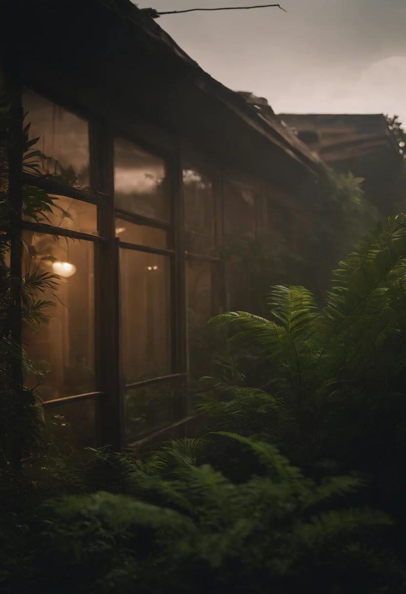 Tall rainforest trees and lush vegetation enveloping the remains of destroyed suburban neighborhood houses in the tranquil morning glow. Shot from a captivating low angle, this cinematic masterpiece by Denis Villeneuve immerses you in its atmospheric wonder. Witness it in breathtaking 8K resolution, exclusively on Art Station.