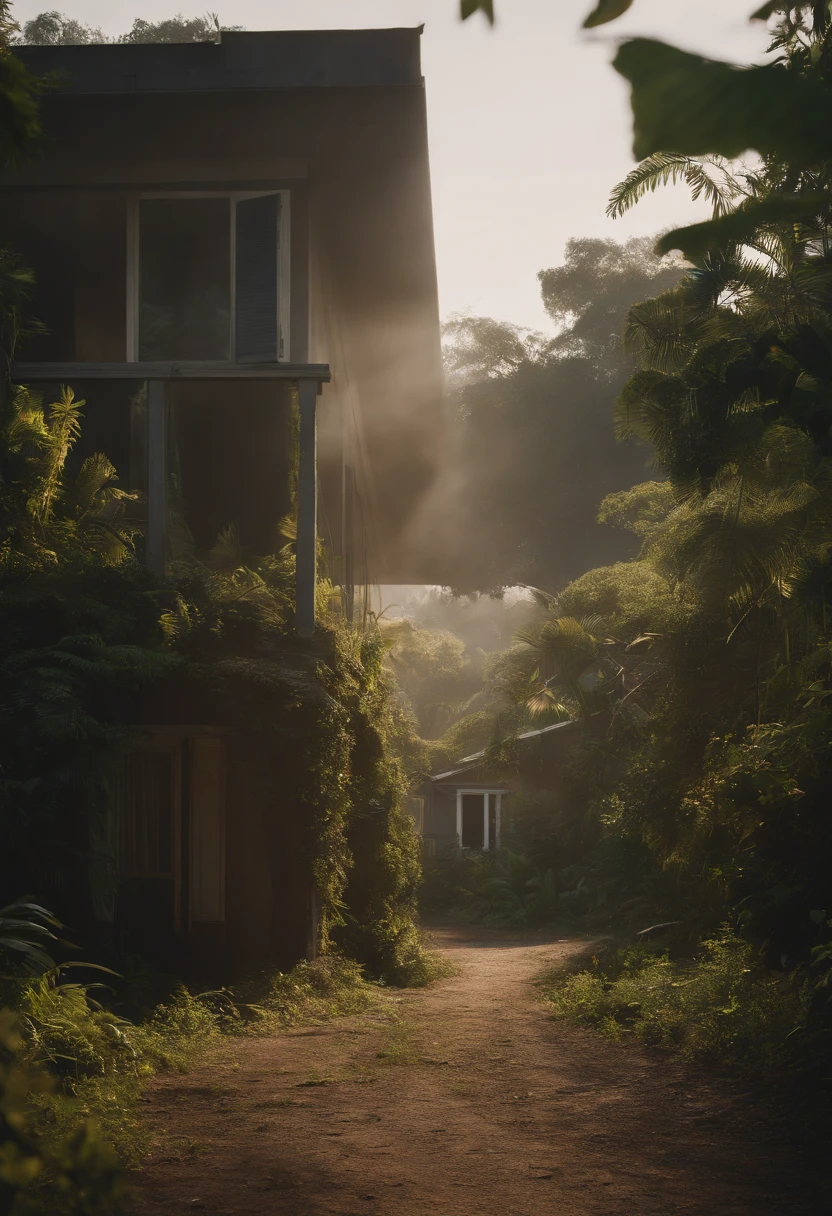 Tall rainforest trees and lush vegetation enveloping the remains of destroyed suburban neighborhood houses in the tranquil morning glow. Shot from a captivating low angle, this cinematic masterpiece by Denis Villeneuve immerses you in its atmospheric wonder. Witness it in breathtaking 8K resolution, exclusively on Art Station.