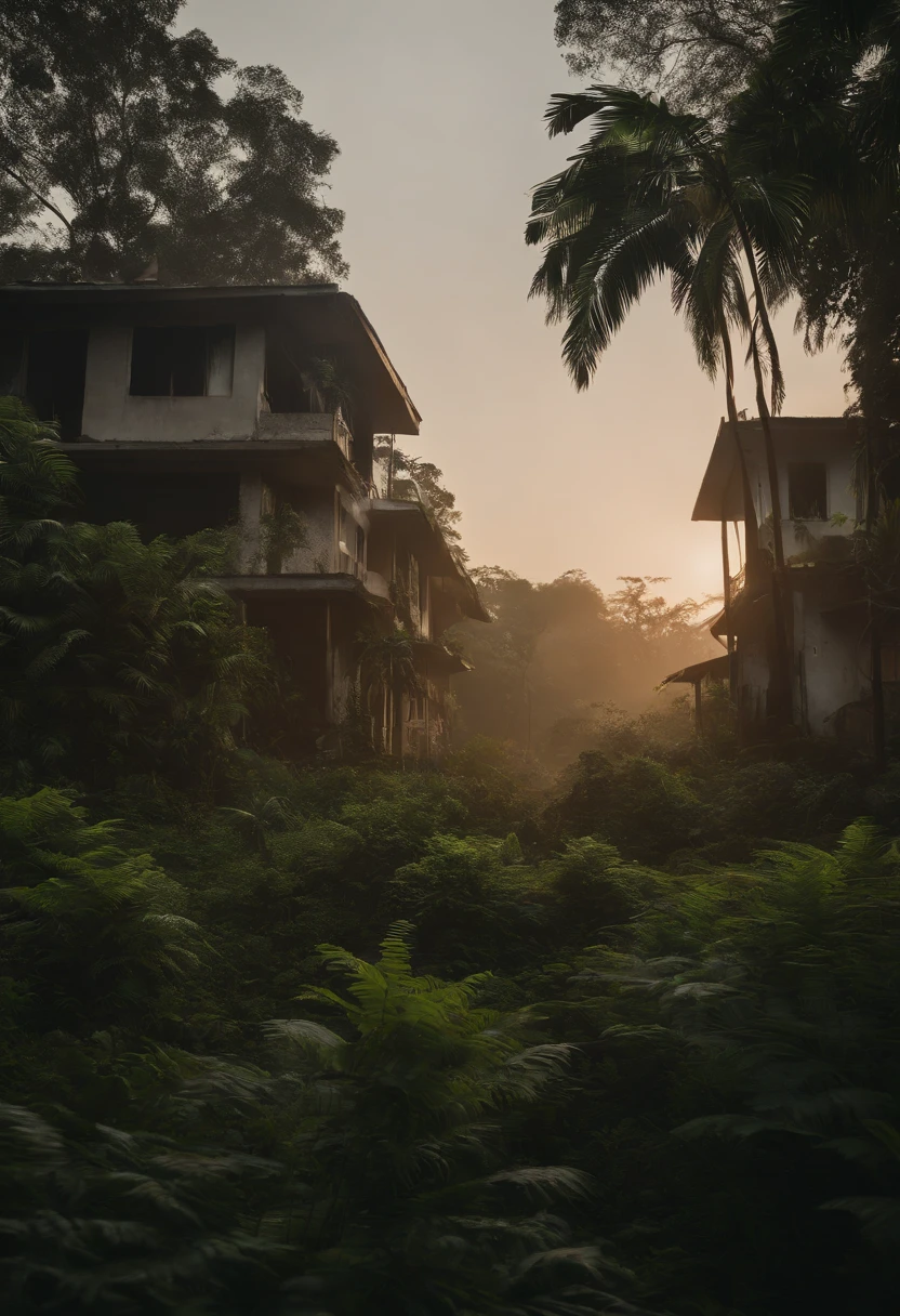 Tall rainforest trees and lush vegetation enveloping the remains of destroyed suburban neighborhood houses in the tranquil morning glow. Shot from a captivating low angle, this cinematic masterpiece by Denis Villeneuve immerses you in its atmospheric wonder. Witness it in breathtaking 8K resolution, exclusively on Art Station.