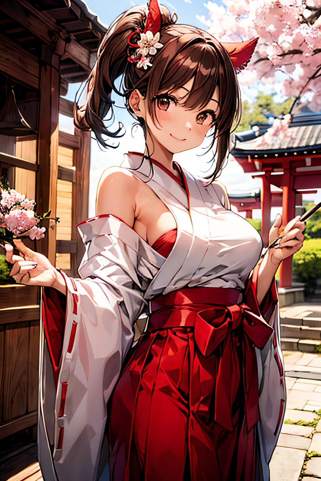 (masterpiece、top-quality、ultra-detailliert、rays of sunshine、电影灯光)、(Japan Anime Cosplay、)、(Famous idol girls of Japan、)、(goddess of Japan、shrine maiden、white miko costume、Red Hakama、)、(dishevled hair、short hair of red-brown color、poneyTail、Cherry Blossom Hair Ornament、hair pin、)、Holding a broom、Look at viewers、A beautiful face that captivates the viewer、(Background of the precincts、)、Stand on the ground of pebbles、Floating hair、bending forward、large full breasts、Beautiful breast slip、Shiny skin、the wind、beautifull hands、Beautiful Finger、An elaborate masterpiece、Intricate details、A detailed face、detailed hairs、Detailed red mouth、Detailed red cheeks、Smile of shame、