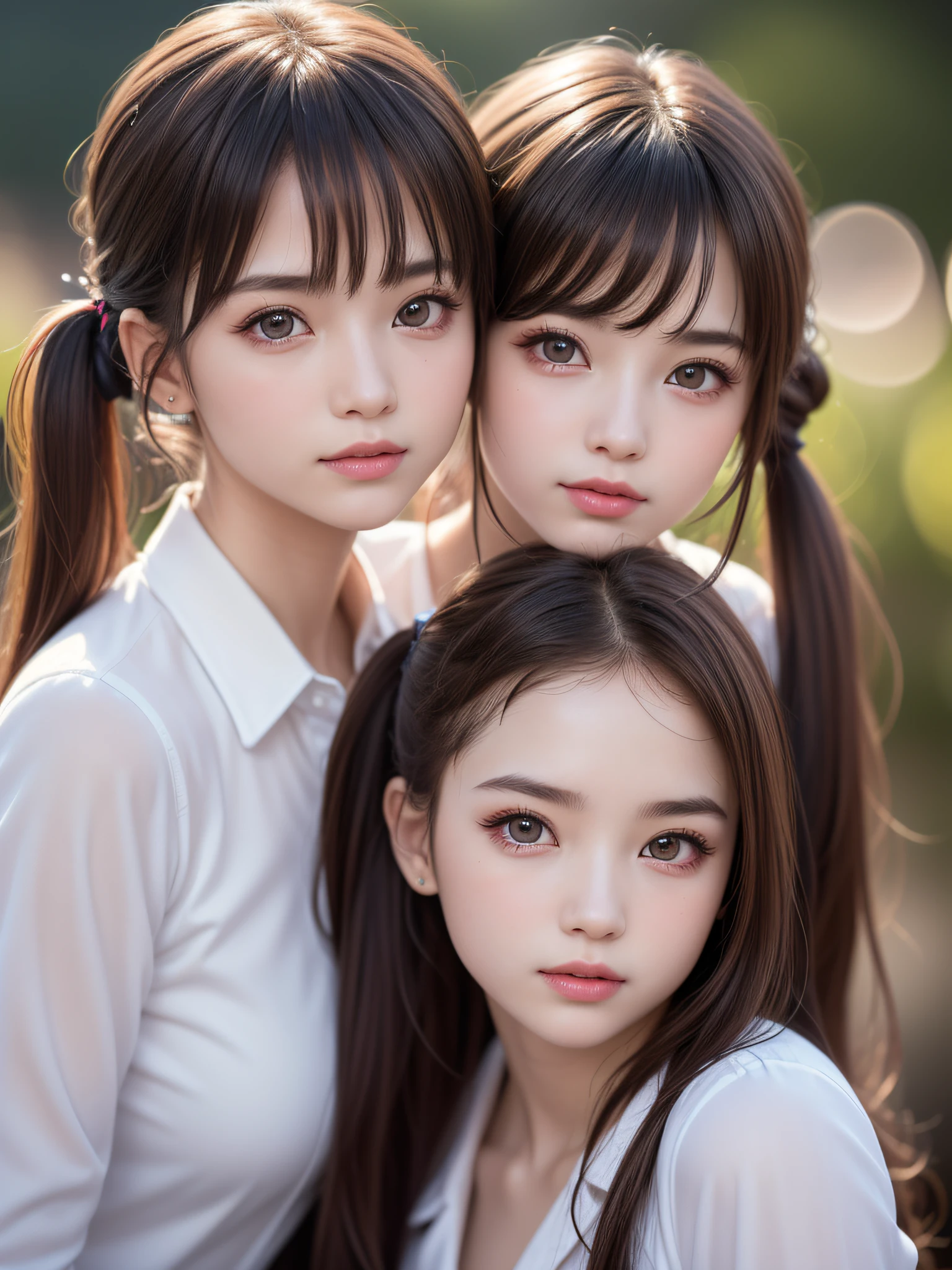 (2young girls), (highly detailed Beautiful face), Amazing face and eyes, (Best Quality:1.4), (Ultra-detailed), (extremely detailed CG unified 8k wallpaper), Highly detailed, High-definition raw color photos, Professional Photography, Realistic portrait, Amazing face and eyes, Pink eyes, twintails, brown hair, model,  (((Bokeh))), depth of fields, School, classroom,
