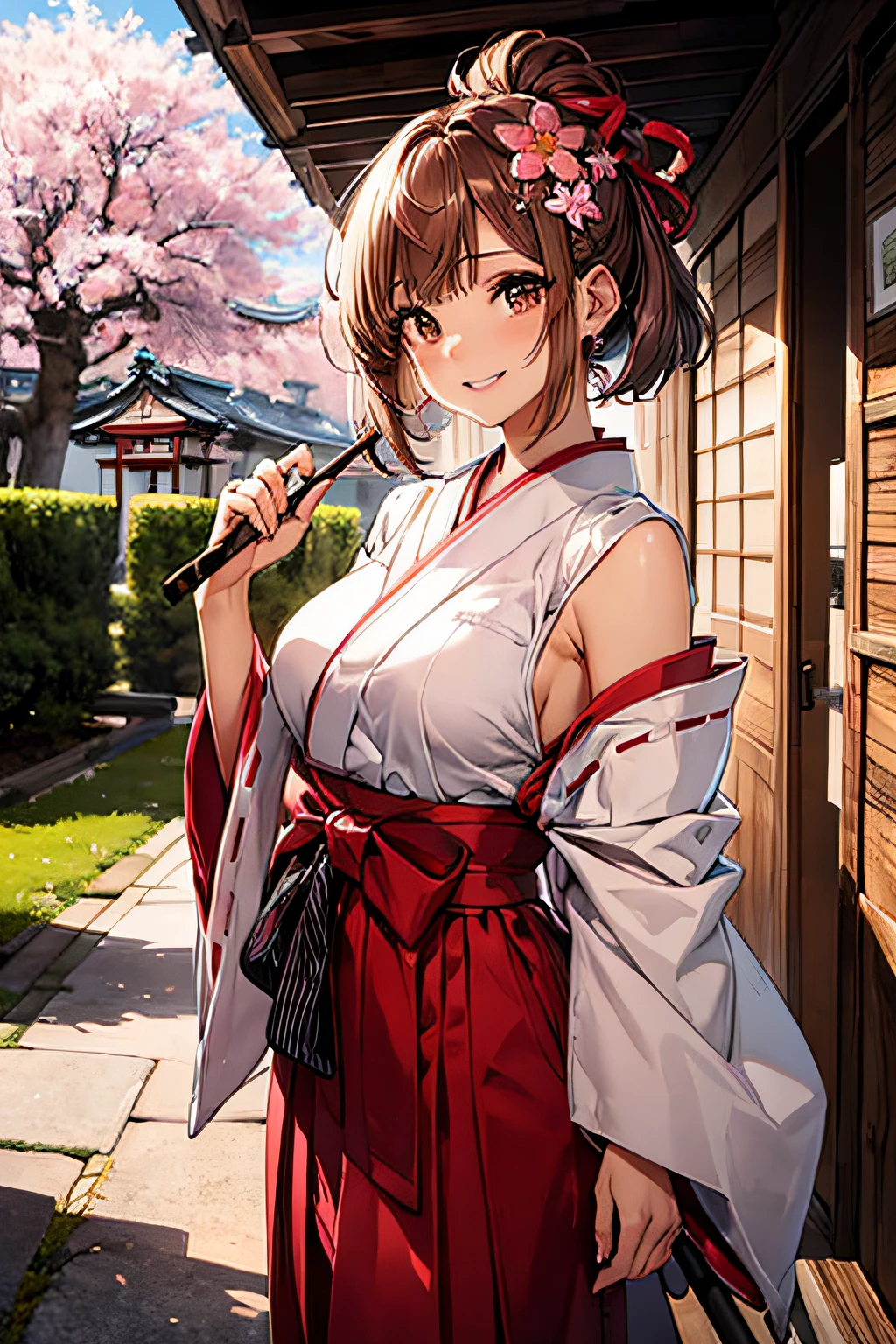 (masterpiece、top-quality、ultra-detailliert、rays of sunshine、电影灯光)、(Japan Anime Cosplay、)、(Famous idol girls of Japan、)、(goddess of Japan、shrine maiden、white miko costume、Red Hakama、)、(dishevled hair、short hair of red-brown color、poneyTail、Cherry Blossom Hair Ornament、hair pin、)、Holding a broom、Look at viewers、A beautiful face that captivates the viewer、(Background of the precincts、)、Stand on the ground of pebbles、Floating hair、bending forward、large full breasts、Beautiful breast slip、Shiny skin、the wind、beautifull hands、Beautiful Finger、An elaborate masterpiece、Intricate details、A detailed face、detailed hairs、Detailed red mouth、Detailed red cheeks、Smile of shame、