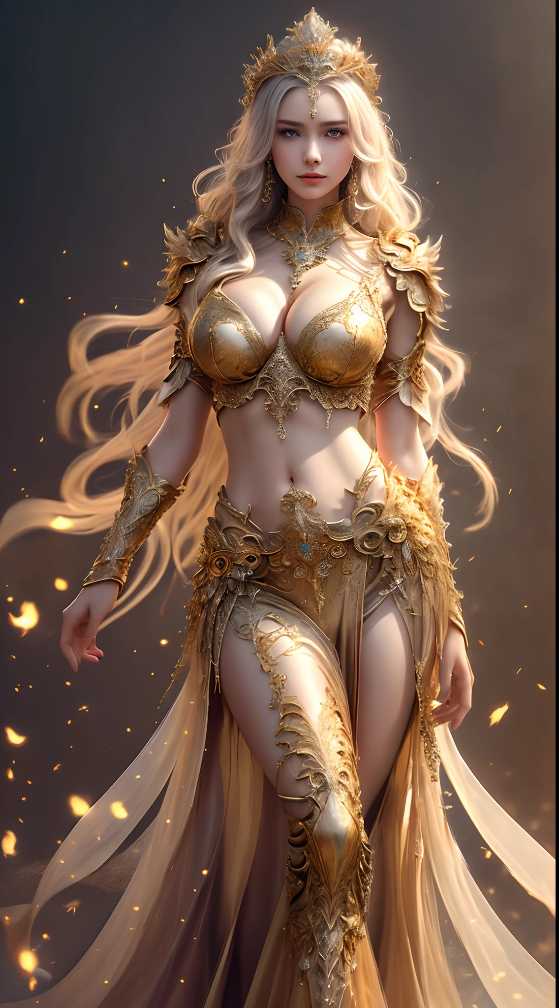 Woman in a golden transparent dress,view the viewer,(((Huge breasts, Large cleavage))),Slim waist,(navel baring,Bare waist), Long hair, Ultra-detailed details,High-end Zhenyi station, Rainstorm site, detailed fantasy art, Stunning character art, Beautiful and exquisite character art, Beautiful gold and silver armor, Extremely detailed, Girl in shiny armor, Exquisite tiaras and jewelry,Crystal jewelry filigree, milky ways, Stunning visuals, (dynamic streaks, light tracks:1.2), Vibrant colors,