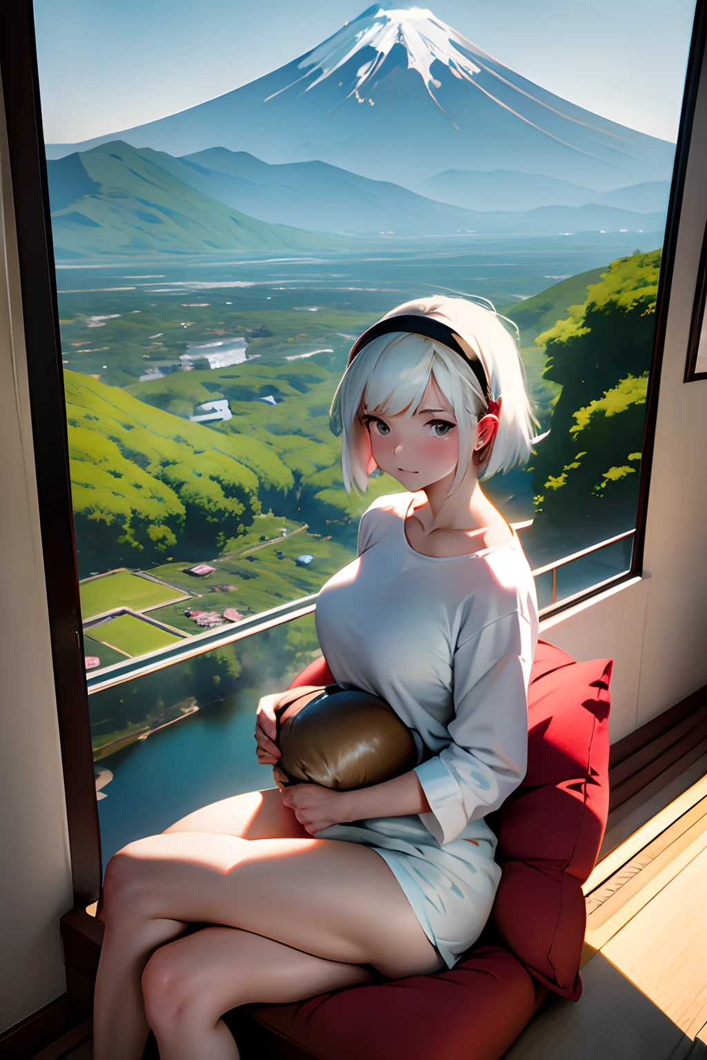 Rabbit eared headband,独奏,girl with,Shortcut Hair,Red stamp,White Total Neck Shirt,Sitting on a beaded cushion,Eggplant-colored beaded cushion、White neck,huge window,I can see the mountains. Mt. Fuji seen from the train window,mountain fuji on the background:1.5,Steller's sea eagle in flight:1.3,Looks cold,Yuki,