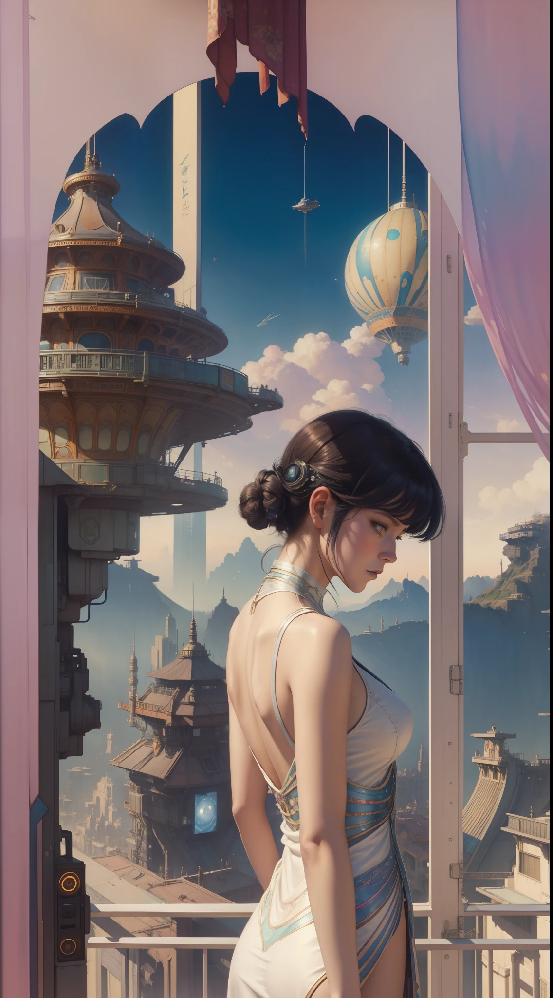 watercolor paiting,Rough watercolor,Panoramic distant view,Fantastic Escape,Back shot,Cyberpunk,Futuristic,There is a woman in an erotic dress standing on the balcony, Beeple and Alphonse Mucha, beeple and jean giraud, art nouveau octane render, artgem and beeple masterpiece, beeple and james jean, beeple and tim hildebrandt, arstation and beeple highly, style hybrid mix of beeple,Photorealistic,watercolor paiting,Fantasy,NSFW,Detailed background,Best Quality,Hokusai,Klimt