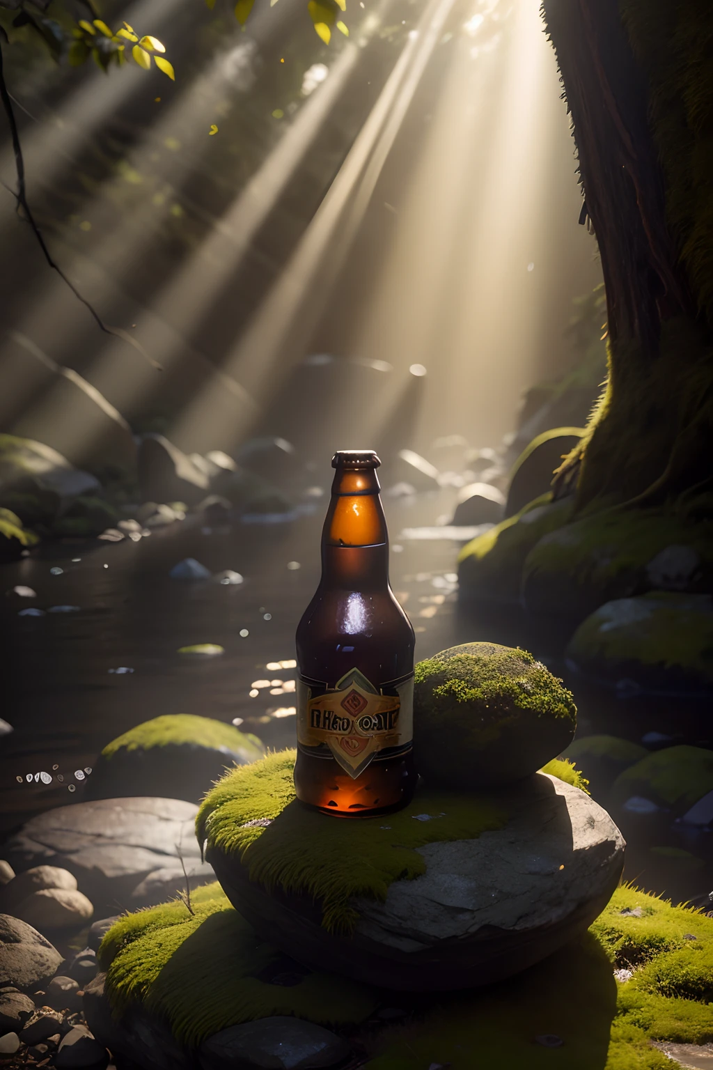 a brown beer bottle on a rock, moss on a rock in forest, dark and moody, sun ray lighting from behind
