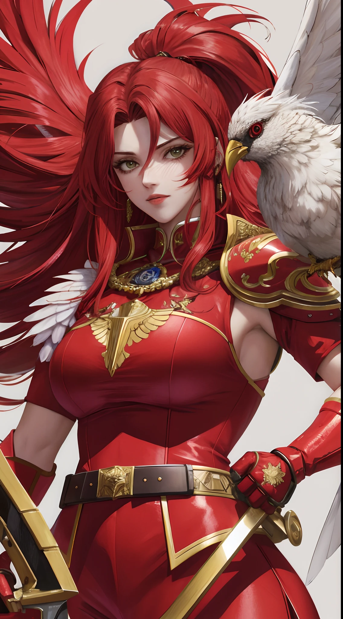 Garota de 20 anos de cabelo longo vermelho,corpo mediano,8K anime aesthetics,wearing red armor with an insignia in the middle of a bird,middlebreasts, holding a red sword in his hands,Olhos vermelhos