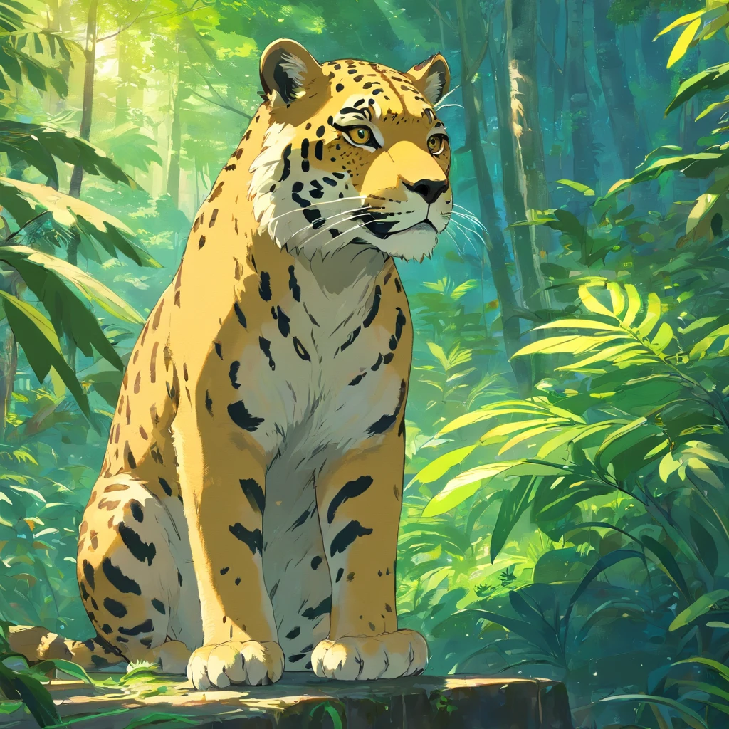 Filhote de leopardo bonito na floresta com um Macaco pequeno, por Tim Okamura, Victor Nizovtsev, Greg Rutkowski, Noah Bradley, trending in artstation, 8k, obra-prima, pintura graffiti, detalhe fino, cheio de cor, detalhe intrincado, Golden aspect ratio illustration