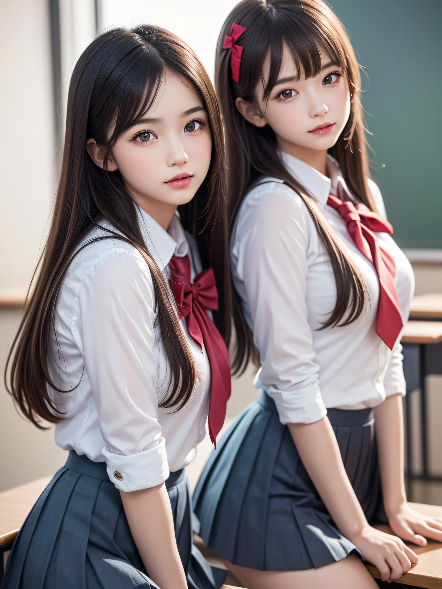 (2young girls), (highly detailed Beautiful face), Amazing face and eyes, (Best Quality:1.4), (Ultra-detailed), (extremely detailed CG unified 8k wallpaper), Highly detailed, High-definition raw color photos, Professional Photography, Realistic portrait, Amazing face and eyes, Pink eyes, (hi-school uniform, pleated mini skirt:1.3), twintails, brown hair, model,  (((Bokeh))), depth of fields, School, classroom,