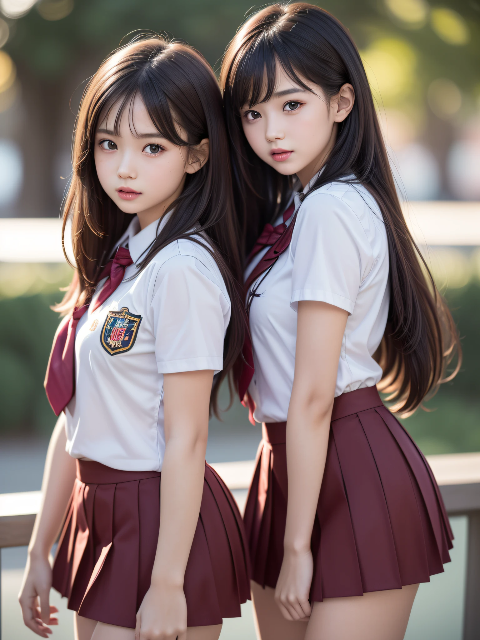 (***ung girls), (highly detailed Beautiful face), Amazing face and eyes, (Best Quality:1.4), (Ultra-detailed), (extremely detailed CG unified 8k wallpaper), Highly detailed, High-definition raw color photos, Professional Photography, Realistic portrait, Amazing face and eyes, Pink eyes, (hi-school uniform, pleated mini skirt:1.3), twintails, brown hair, model,  (((Bokeh))), depth of fields, School, classroom,