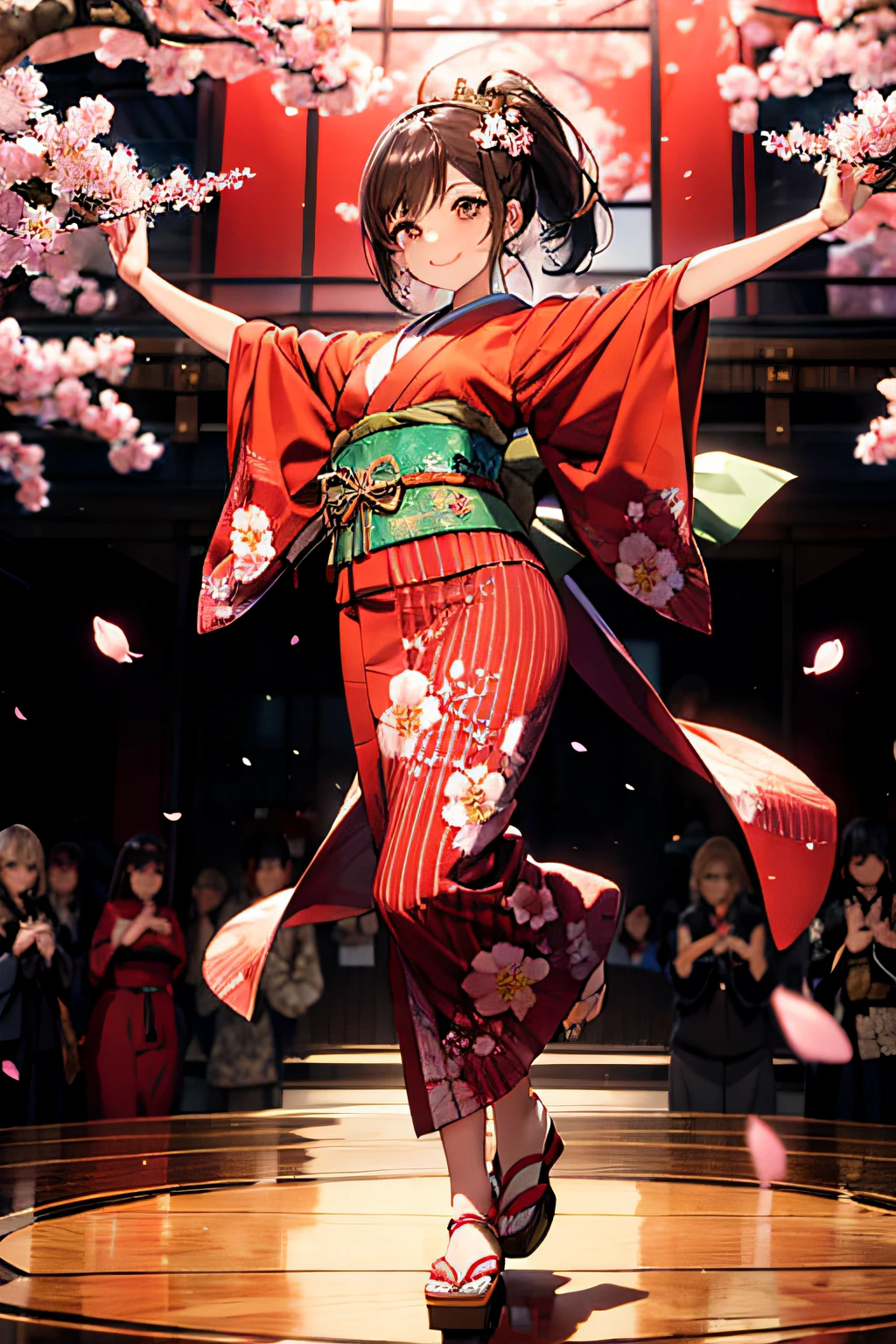 Japan Idol Girl,Add a motion blur effect to simulate motion,hight resolution,Girls Elegant Kimono,Floral kimono on shiny red fabric,Ponytail,flying hair,extremely delicate and beautiful face,Cherry Blossom Hair Ornament,Dance a fierce Japan dance at,Under the cherry blossoms with fluttering petals,Spread your arms、Place one hand in front of you,Beautiful hands,Beautiful Finger,Full body shot,Glossy light brown and orange striped shorthair,Cute smile,Perfect round face,A cheerful smile that makes the viewer happy,Proper body proportion,Beautiful hands,Beautiful fingers,Detailed finger features,detailed clothes features,Detailed hair features,detailed facial features,