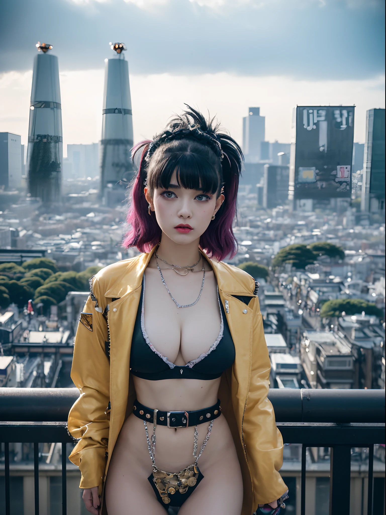 the Extremely Detailed CG Unity 8K Wallpapers、top-quality、ultra-detailliert、masterpiece、studio shoot、Full body portrait、(London punk fashion of the 70s:1.4), large full breasts、Studsbelt、Stud Bracelet、Silver Accessories、Vivienne Westwood、Sex pistols、London Punk、Joe Strummer、realisitic、Behind the photo、large full breasts、realisitic、Photo Real、extremely detailed cute girl、独奏、、Melancholy look, (With the city of Harajuku in Tokyo in the background:1.4), Black and gold multi-colored hair, out of focus、blur、