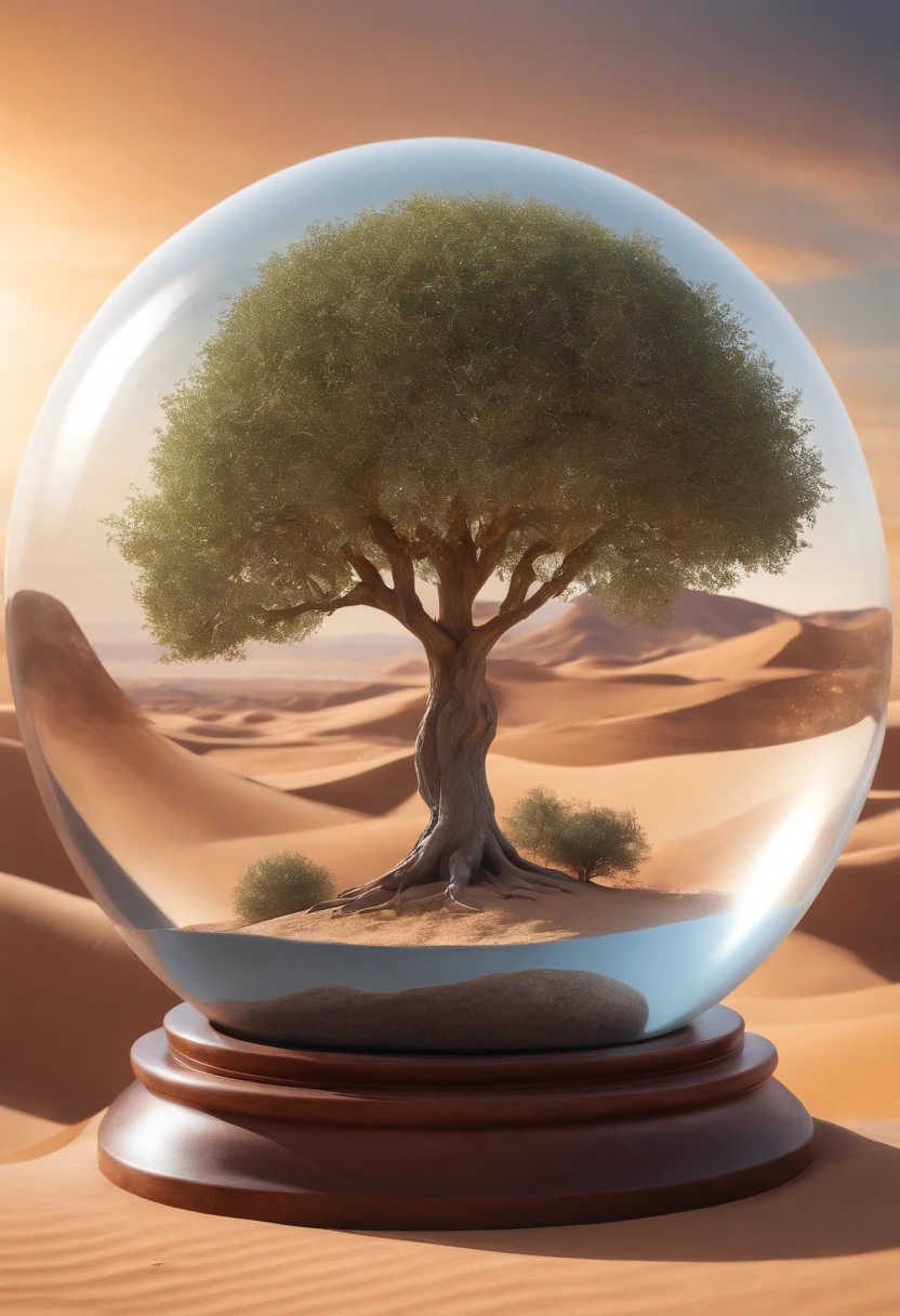 Image of a tree inside a glass ball in a desert landscape, tree of life inside the ball, Arte digital surrealista, Surrealismo 8K, arte digital surreal, arte surreal, surreal 3 d render, 3d renderizar arte digital, Marcos Adamus, arte conceitual surreal, 3 d render bipe, arte digital estilizada, Surrealismo 4K