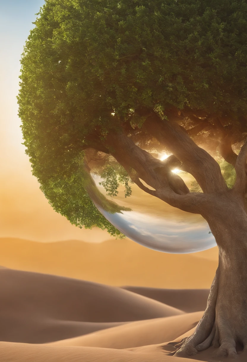 Image of a tree inside a glass ball in a desert landscape, tree of life inside the ball, Arte digital surrealista, Surrealismo 8K, arte digital surreal, arte surreal, surreal 3 d render, 3d renderizar arte digital, Marcos Adamus, arte conceitual surreal, 3 d render bipe, arte digital estilizada, Surrealismo 4K
