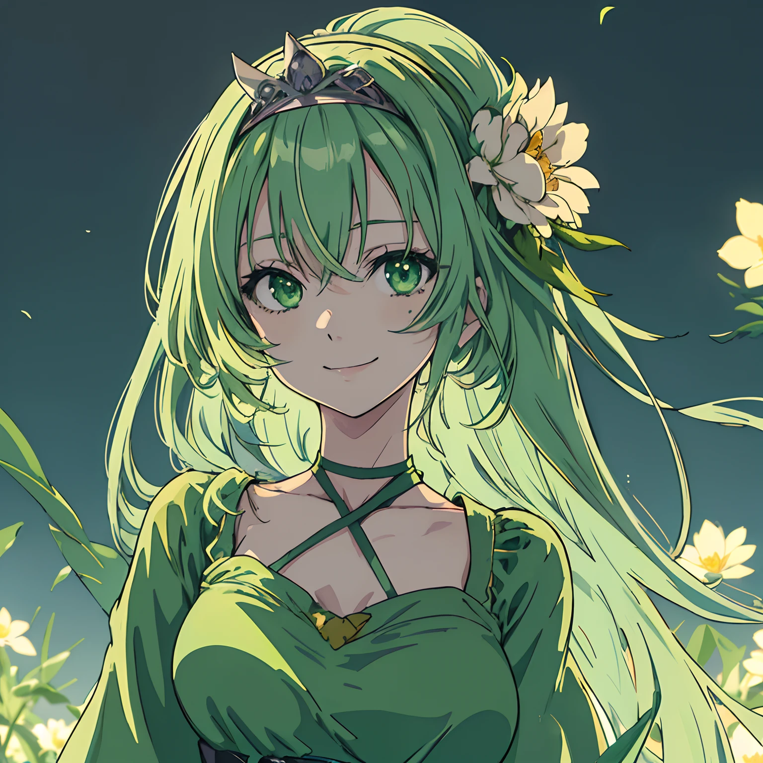 (best quality,anime,anime girl:1.2,smiling,pretty,light green hair,green eyes,flower tiara,medium breasts,beautiful face,green dress,19s vibes,dark vibes,night, cinematic lighting)