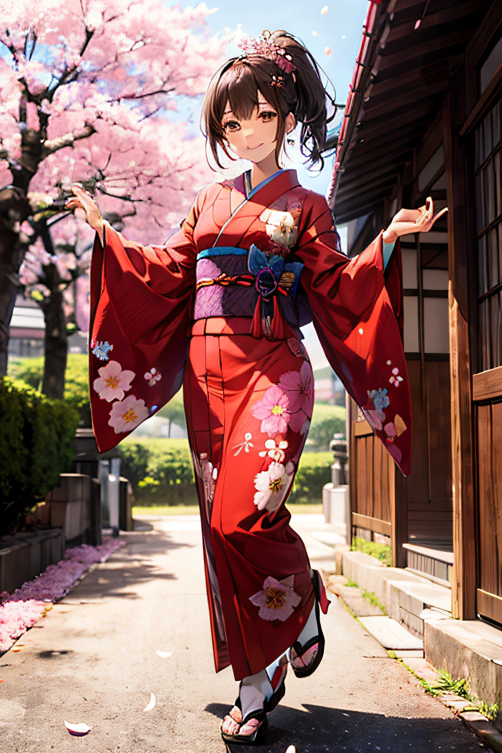Japan Idol Girl,Add a motion blur effect to simulate motion,hight resolution,Girls Elegant Kimono,Floral kimono on shiny red fabric,Ponytail,flying hair,extremely delicate and beautiful face,Cherry Blossom Hair Ornament,Dance a fierce Japan dance at,Under the cherry blossoms with fluttering petals,Spread your arms、Place one hand in front of you,Beautiful hands,Beautiful Finger,Full body shot,Glossy light brown and orange striped shorthair,Cute smile,Perfect round face,A cheerful smile that makes the viewer happy,Proper body proportion,Beautiful hands,Beautiful fingers,Detailed finger features,detailed clothes features,Detailed hair features,detailed facial features,