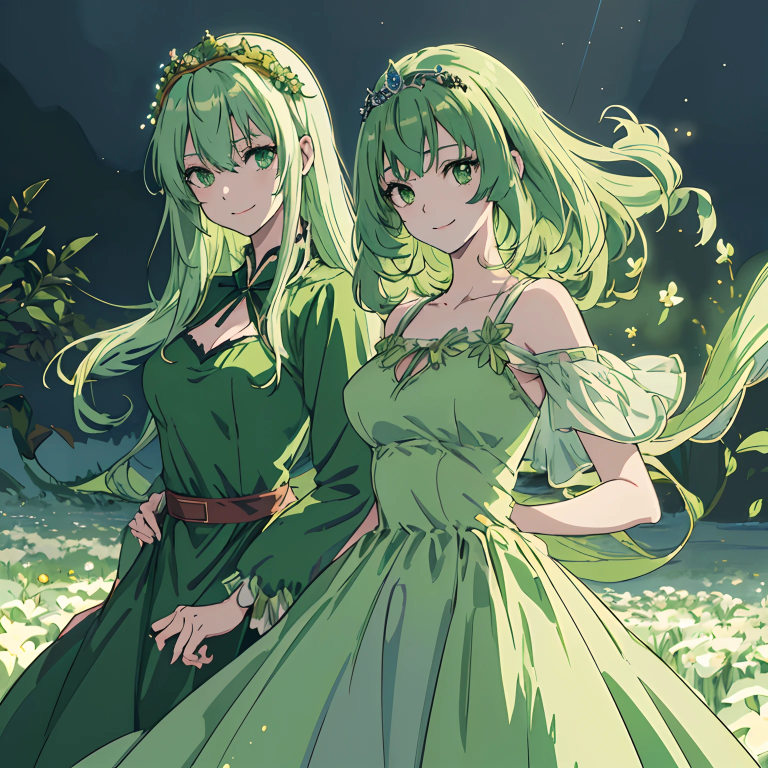 (best quality,anime,anime girl:1.2,smiling,pretty,light green hair,green eyes,flower tiara,medium breasts,beautiful face,green dress,19s vibes,dark vibes,night, cinematic lighting)