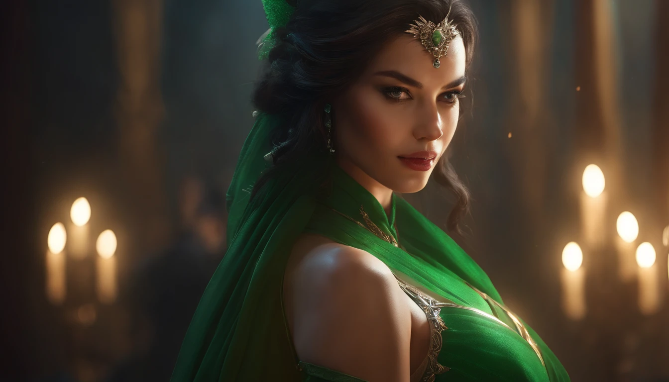 mulher loira no vestido verde segurando uma espada em um quarto escuro, 8K Artgerm Bokeh, Ross Tran 8 K, Alice X. Zhang, cinemactic. por leng jun, estilo fantasia 8 k octane render, Chengwei Pan em ArtStation, Epic Fantasy Digital Art Style, WLOP. 4 mil, 3 d render arte do caractere 8 k
