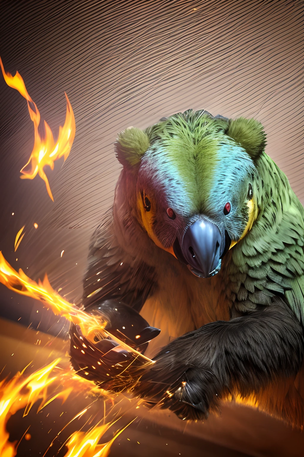 freddy faz bear, a animatronic parrot, girl, blond, Beauty, 4K, morroco in 2050, a guy looking to his fingers,wearing black ring in his fingers, first person perspective,  fire filling the background,  full HD, 3D, 4K, ultra realistic, ultra detailed, hyper realism, hyper perfectionist, ultra magnificent, highly extraordinary, rigidly sensational, ultra sublime, hyper exquisite, ultra In-depth, hyper-accurate, highly accurate, very thorough, extremely particularized, rich in uniqueness, hyper-pragmatic, abundant in common sense --auto --s2