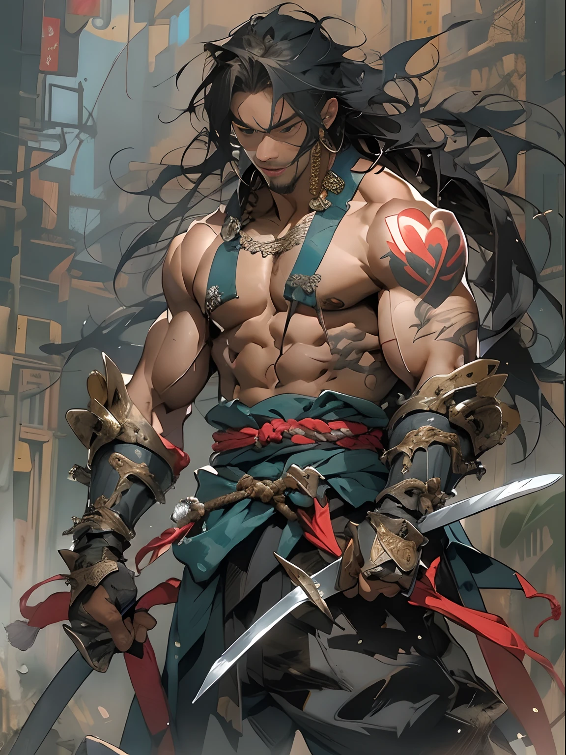 (((mtu))), (((best qualityer))), (((tmasterpiece))), (((AS-Adult))), ((( Japanese ))), Look up from your knees, Handsome Asian samurai,perfect body figure, Modern samurai, ((( Asian))), Wear gloves on your hands,The left arm is made of steel and metal tips,Made of protective devices, The eyes are pulled, (( Appears below the chest )), (( Small dental floss )), Simon Bisley, Almost naked(Simon Bisley)Castle City Wilderness,For high-resolution posters, hair straight, Minimum clothing, armure (Crazy clothes ), Full of tips and rivets, tribal tattoos, (((full bodyesbian))), Straight brunette hair,Colored hair ends