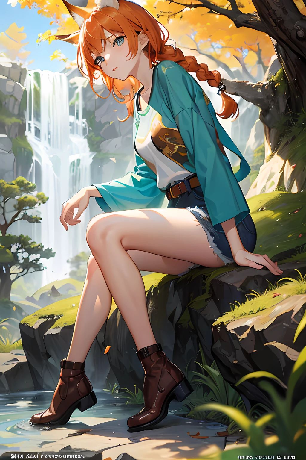 japanese mythology, colorful auspicious clouds, autumn, leaf, tree, waterfall, acorn, soil, braid, blurry_foreground, 1girl, day, painting, depth_of_field, blurry, short hair, branch, forest, outdoor, nature, Bonfire, (wearing green T-Shirt, blue denim shorts, black belt, brown boots), bare arms, Onsen, sitting, best quality, (best quality), ((masterpiece)), (highres), original, 8K wallpaper extremely detailed, (an extremely delicate and beautiful),((detailed face)), eyes with beautiful details,hair fluttering in the wind, messy hair, lens reflection, 1 girl, full body, (blue eye), (orange hair), (fox tail), (fox ears), (a beautiful young woman: 1.1), beautiful detailed eyes, orange hair, small breasts, (looking at the viewer), (magazine: 1.3), (cover style: 1.3), elegant, woman, vibrant, clothing, posing, front, colorful, dynamic, background, elements, confident, expression, statement, majestic, curled, around, touch, scene, text, cover, daring, eye-catching, title, fashionable, font, captivating, headline, impressive, fashionable, focus, fashion