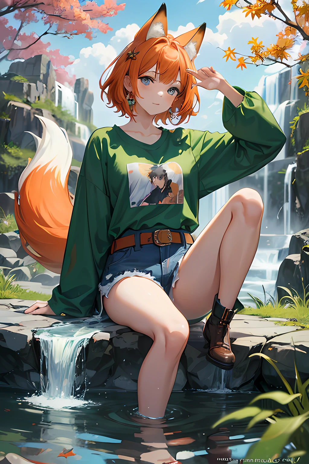 japanese mythology, colorful auspicious clouds, autumn, leaf, tree, waterfall, acorn, soil, braid, blurry_foreground, 1girl, day, painting, depth_of_field, blurry, short hair, branch, forest, outdoor, nature, Bonfire, (wearing green T-Shirt, blue denim shorts, black belt, brown boots), bare arms, Onsen, sitting, best quality, (best quality), ((masterpiece)), (highres), original, 8K wallpaper extremely detailed, (an extremely delicate and beautiful),((detailed face)), eyes with beautiful details,hair fluttering in the wind, messy hair, lens reflection, 1 girl, full body, (blue eye), (orange hair), (fox tail), (fox ears), (a beautiful young woman: 1.1), beautiful detailed eyes, orange hair, small breasts, (looking at the viewer), (magazine: 1.3), (cover style: 1.3), elegant, woman, vibrant, clothing, posing, front, colorful, dynamic, background, elements, confident, expression, statement, majestic, curled, around, touch, scene, text, cover, daring, eye-catching, title, fashionable, font, captivating, headline, impressive, fashionable, focus, fashion