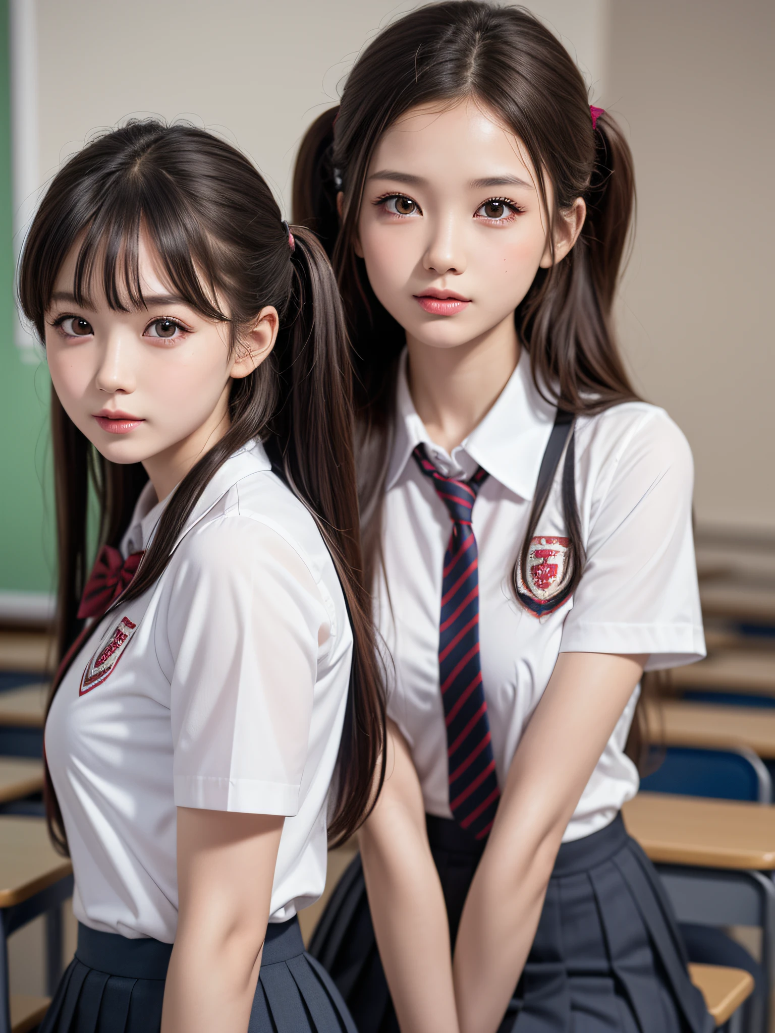 (2young girls), (highly detailed Beautiful face), Amazing face and eyes, (Best Quality:1.4), (Ultra-detailed), (extremely detailed CG unified 8k wallpaper), Highly detailed, High-definition raw color photos, Professional Photography, Realistic portrait, Amazing face and eyes, Pink eyes, (hi-school uniform, pleated mini skirt:1.3), Double buns, brown hair, model, (pink underwear:1.3), (((Bokeh))), depth of fields, School, classroom, sitting, view from below,