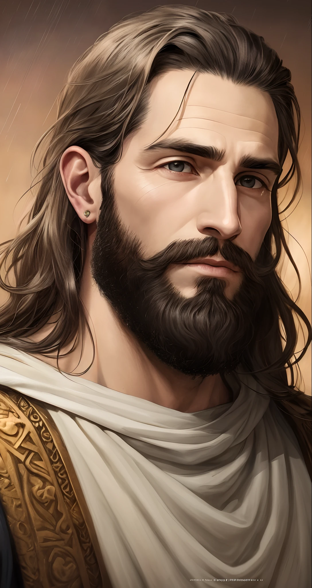 Portrait of Jesus Christ. A Jewish man, of fair height, very handsome and there is so much majesty in his face. He has very mature almond-colored hair, which extends up to his ears, and from his ears to his shoulders, they are the color of the earth, but brighter. In the middle of his forehead, he has a line separating his hair, in the form used by the Nazarenes. , his face is full, his appearance is very serene, no wrinkles or stains can be seen on his face, of a moderate color; the nose and mouth are impeccable. The beard is thick, but similar to hair, not very long, but separated in the middle, his look is very affectionate and serious; His eyes are expressive and clear, his face shines like the rays of the sun. 4k realistic portrait --auto --s2