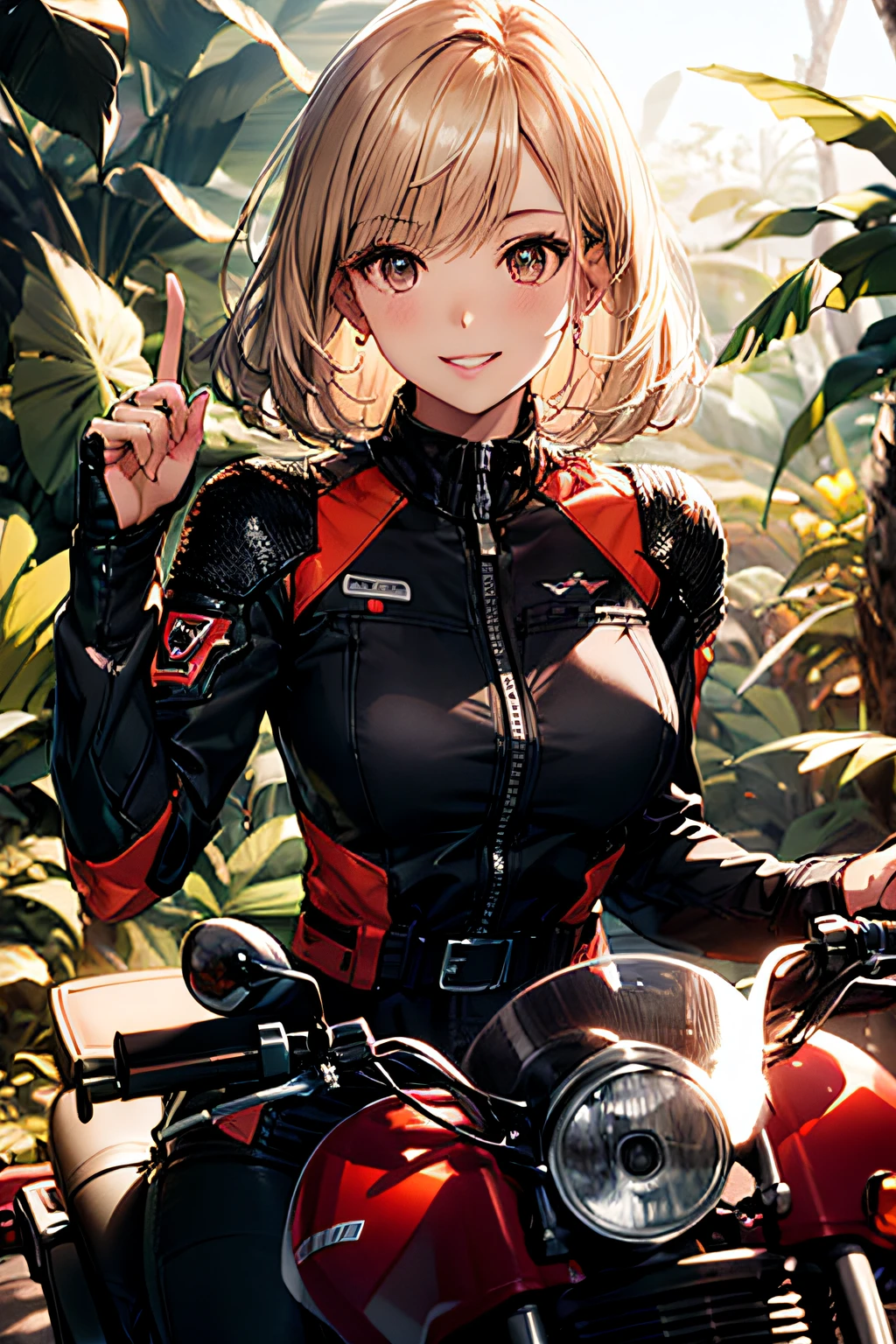 Cybernetic arm and glowing robot cyber girl,(Sheer and revealing costumes:1.3, ),(Robot Cyber Girl riding a powerful military-style motorcycle galloping through jungle:1.3), Glossy light brown and orange striped shorthair,Cute smile,Perfect round face,A cheerful smile that makes the viewer happy,Proper body proportion,masutepiece,Super high-quality output images,hight resolution,Intricate details,Very delicate and beautiful hair,photos realistic,Dreamy,Professional Lighting,realistic shadow,Solo Focus,Beautiful hands,Beautiful fingers,Detailed finger features,detailed clothes features,Detailed hair features,detailed facial features,