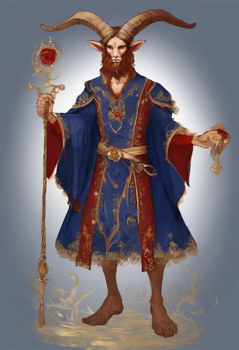 Satyr ,wearing Mage's Habit, primarily navy blue in color with gold trim white collar and red wrists, masterpiece, best quality