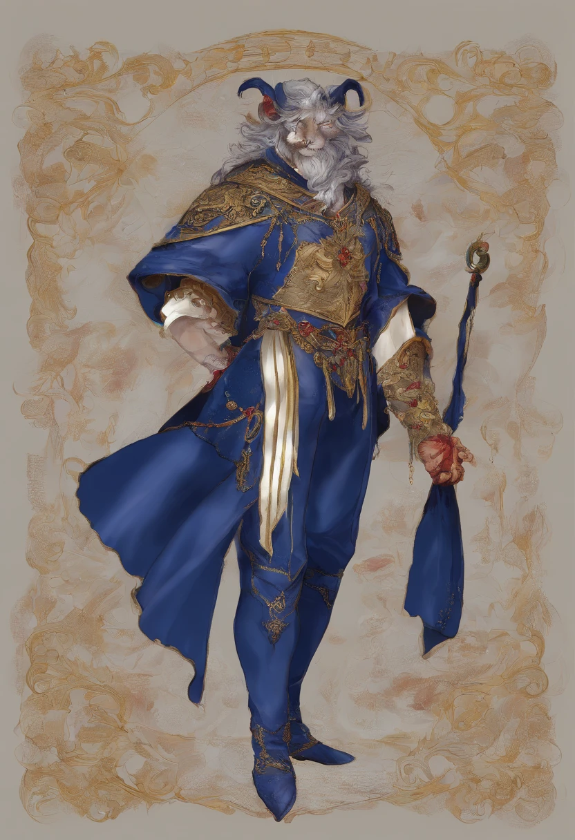 Satyr ,wearing Mage's Habit, primarily navy blue in color with gold trim white collar and red wrists, masterpiece, best quality