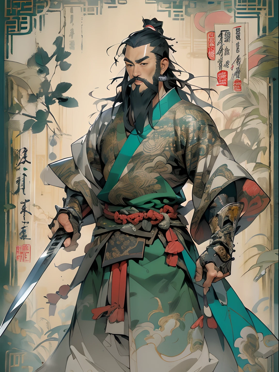 (((China-style，Ink painting method，Half-length portrait，Intense color，Han dynasty, China，Hanfu，Armor，Guan yu，Guan Yunchang，of a guy，Ruddy killing square face，Hold the Blue Dragon Moon Knife in his right hand，Stroke your beard with your left hand，Long hair，petty eyes，Green robe))), (((best qualityer))), (((tmasterpiece))), (((AS-Adult))), ((( Japanese ))), Look up from your knees, Handsome Asian samurai，perfect body figure, Modern samurai, ((( Asian))), Wear gloves on your hands，The left arm is made of steel and metal tips，Made of protective devices, The eyes are pulled, (( Appears below the chest )), (( Small dental floss )), Simon Bisley, Almost naked（Simon Bisley）Castle City Wilderness，For high-resolution posters, hair straight, Minimum clothing, armure (Crazy clothes ), Full of tips and rivets, tribal tattoos, (((full bodyesbian))), Straight brunette hair，Colored hair ends