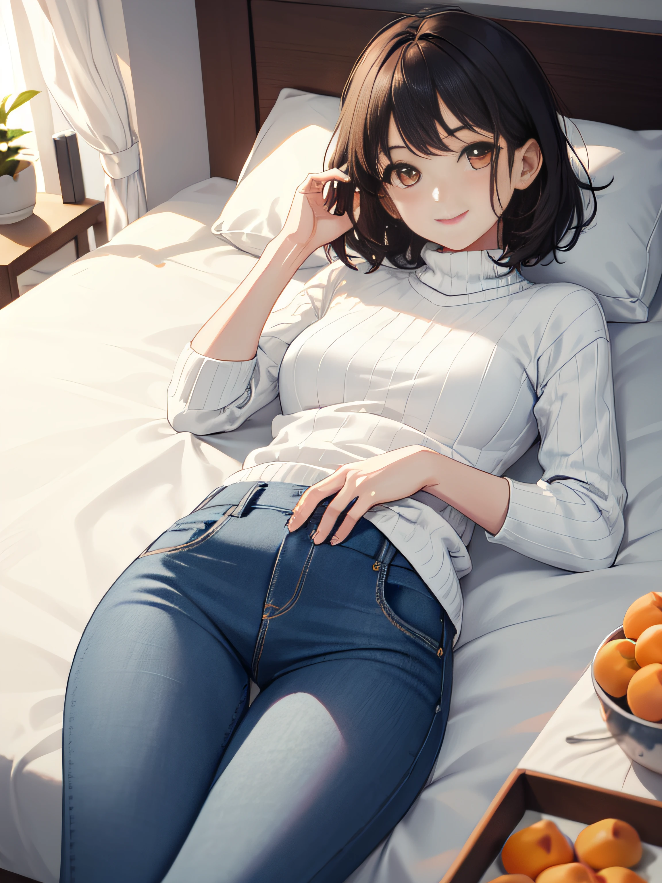 1girll,23years old,Pure,(gently smiling),Glad,(((((Flushed complexion))))),Apricot eyes,brunette color hair,Short hair, Short hair,The feeling of a good wife and a good mother,Small nose bridge,Light white turtleneck sweater,skintight jeans,plumw,Cosmopolitan beauty,slightly rounded face,Fashionab,Modern attire,inside in room,University dormitories,get down on the bed,Close-up Shot Shot,lie on pillows,Head up,Looking at the ceiling,Don't look at the lens