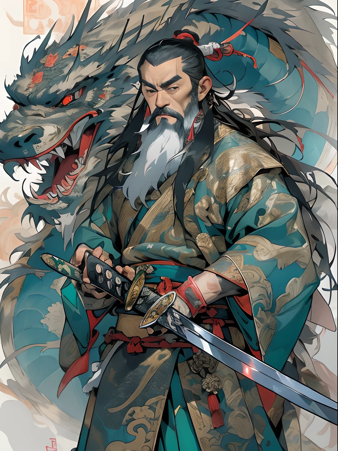 (((China-style，Ink painting method，Half-length portrait，Intense color，Han dynasty, China，Hanfu，Armor，Guan yu，Guan Yunchang，of a guy，Ruddy killing square face，Hold the Blue Dragon Moon Knife in his right hand，Stroke your beard with your left hand，Long hair，petty eyes，Green robe))), (((best qualityer))), (((tmasterpiece))), (((AS-Adult))), ((( Japanese ))), Look up from your knees, Handsome Asian samurai，perfect body figure, Modern samurai, ((( Asian))), Wear gloves on your hands，The left arm is made of steel and metal tips，Made of protective devices, The eyes are pulled, (( Appears below the chest )), (( Small dental floss )), Simon Bisley, Almost naked（Simon Bisley）Castle City Wilderness，For high-resolution posters, hair straight, Minimum clothing, armure (Crazy clothes ), Full of tips and rivets, tribal tattoos, (((full bodyesbian))), Straight brunette hair，Colored hair ends