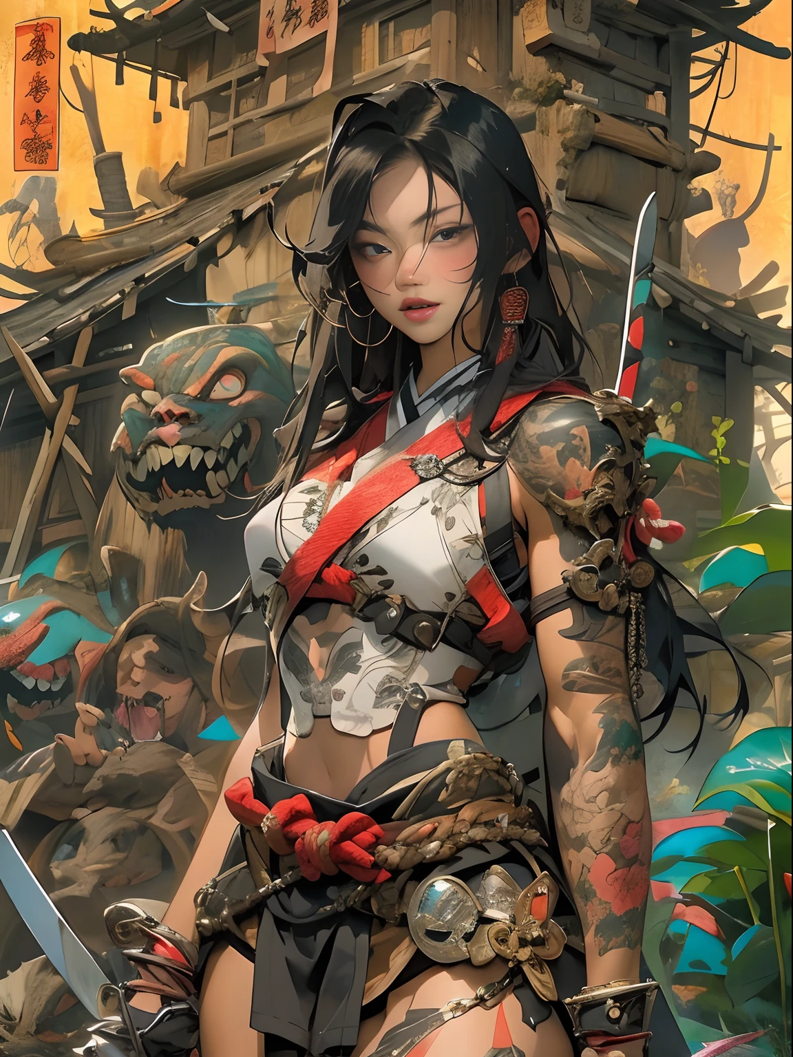 (Ukiyo-e:1.9)、woodblock print、woodblock print、otherscape、SF、Space Opera、(Beautiful woman fighting an alien:1.5)、Purple clouds gather、Detailed face、Beautiful Eyes、Elegant garments、Intricate floral pattern、Delicate skin、Natural light、A calming color palette、Soft Focuasterpiece、skimpy leather costume、spaceship、alien、night、mynatalee woman