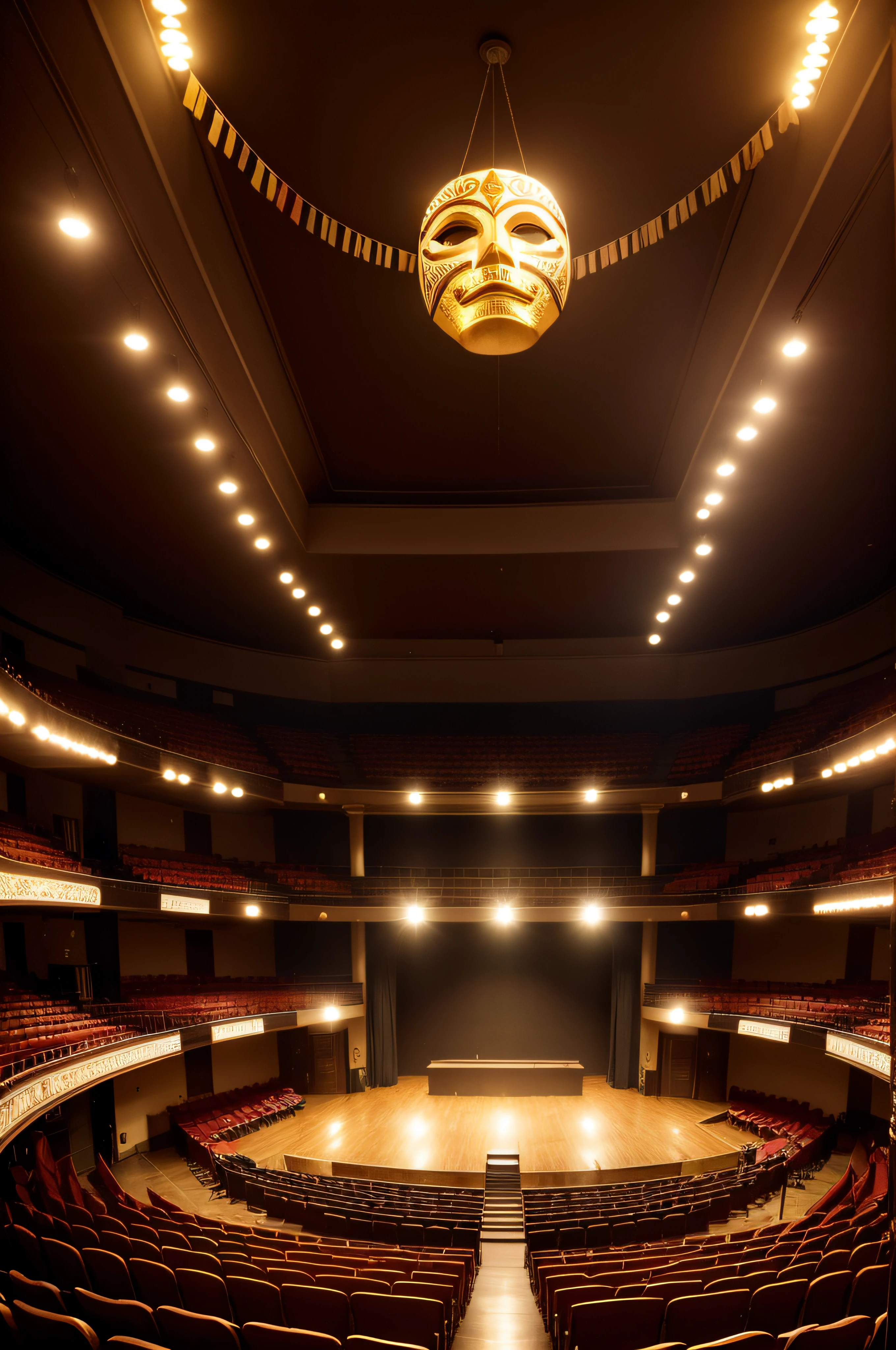 elabore imagem de teatro moderno, Appearing traditional masks of the theater, cadeiras vazias, palco pouco iluminado, Low-saturation colors