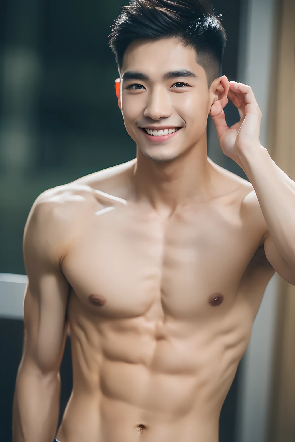 ( (8K:1.27), best qualtiy, tmasterpiece, 超高分辨率:1.2) Asian man photo, young male,Perfect face,perfect bodies,sharp focus, detailed face, detailed eyes, Leaky abs, smile, Arms raised and crossed behind the back