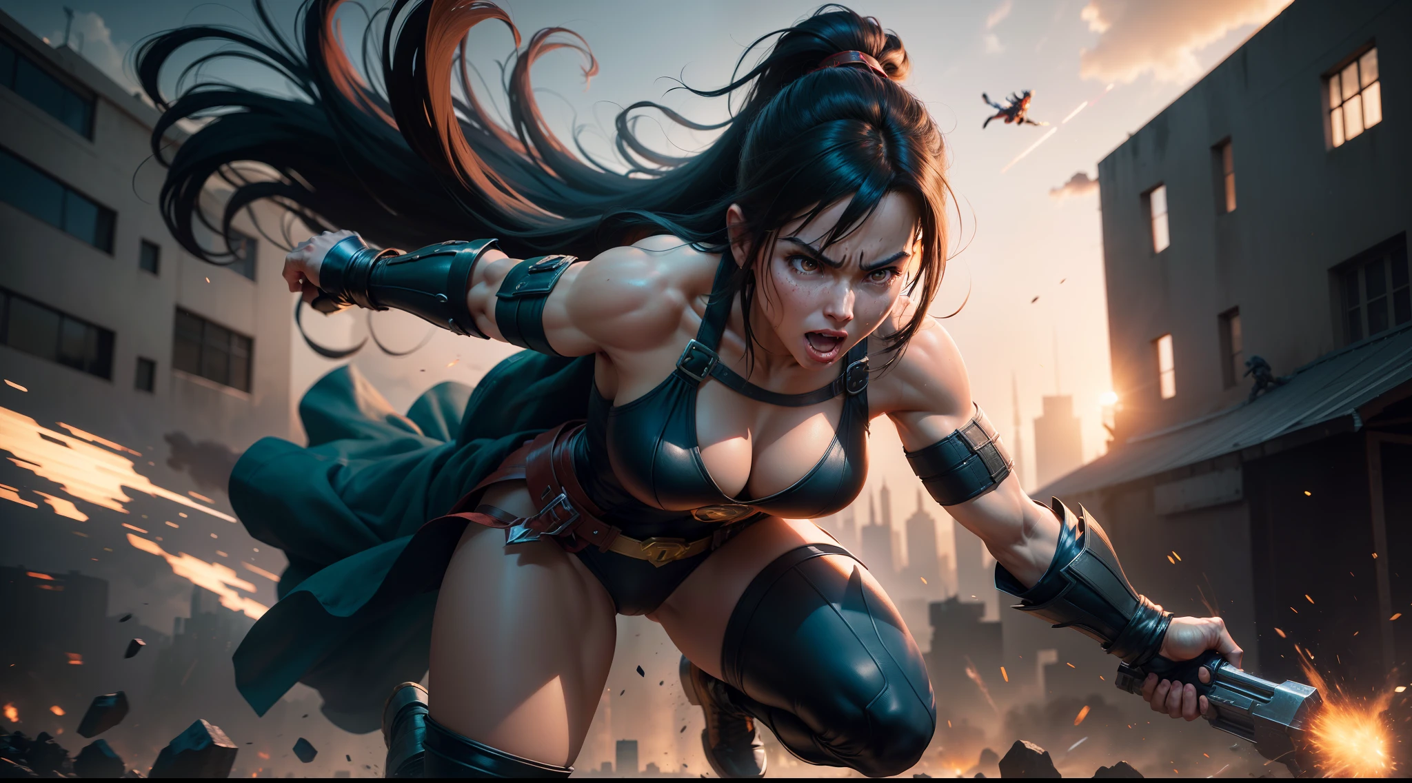 a powerful hero, vibrant colors, dynamic lighting, detailed costume, intense action scene, extraordinary abilities, breathtaking special effects, cinematic quality, Epic showdown, realistic CGI, high definition resolution, Iconic superhero pose, composition dramatic, city skyline scenery, intense facial expression, intense energetic aura, superhero emblem, superhuman strength, flying skills, lightning-fast speed, invincibility, heroic determination, explosive power, heroic justice, iconic mask, heroic cape , nimble movements, intense battle intensity, Superheroic Charisma, immersive storytelling, larger than life presence, thrilling adventure, victorious triumph, Ultimate Superhero fighter girl tifa final fantasy concept art cinematic scene destruction