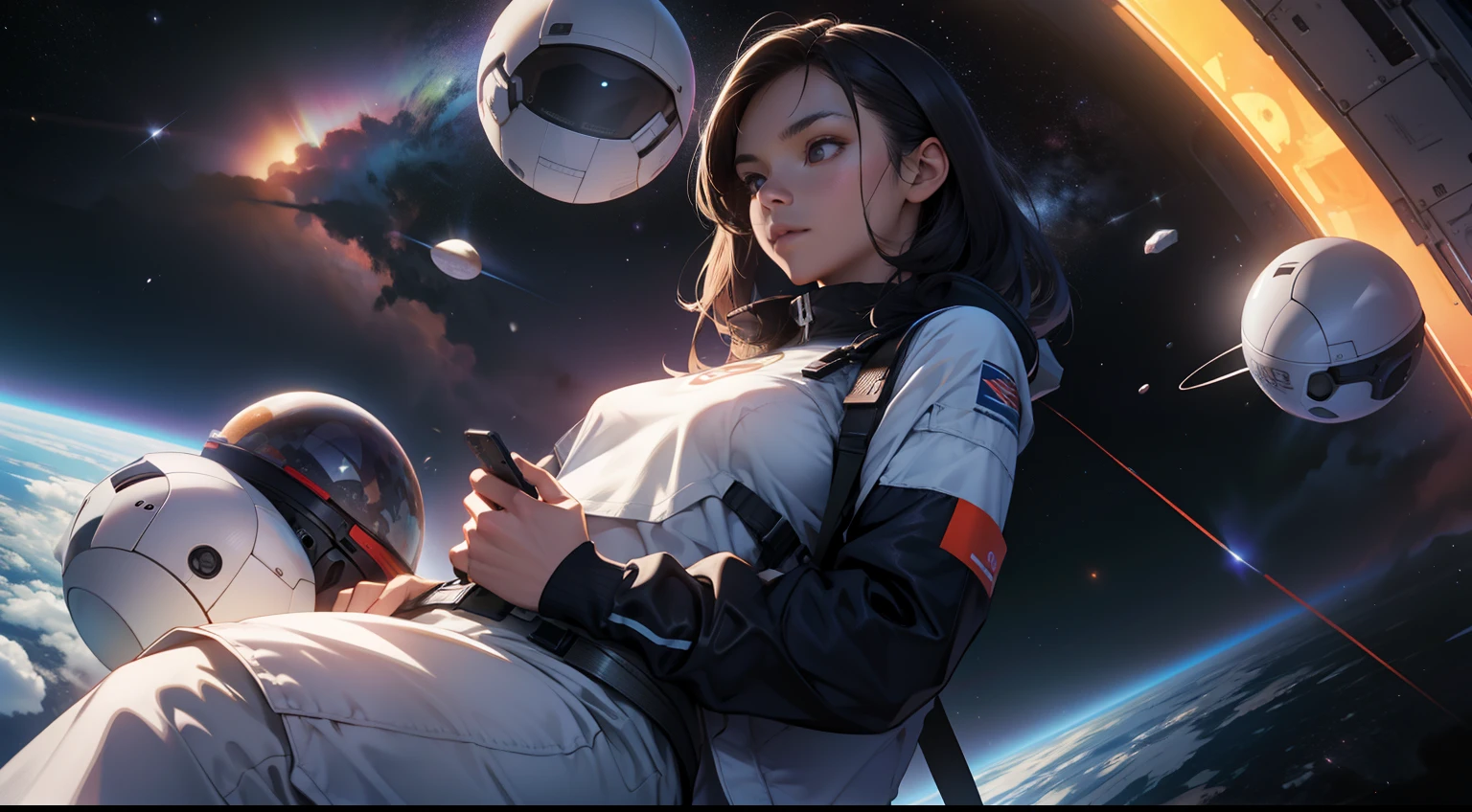 ((whole body):2) {((Alone/A woman/standing up):1.5)}:{Princess Zelda} ((wearing NASA astronaut suit, with helmet on the head with transparent glass):1.2), ((shimmering blue eyes, pink short hair)1.2), ((looking at the viewer with a look of love, smile):1.3), ((outgoing pose):1.3), \-She is ((Flying in outer space, A planet Earth in the back, NASA space rocket next door):1.2)