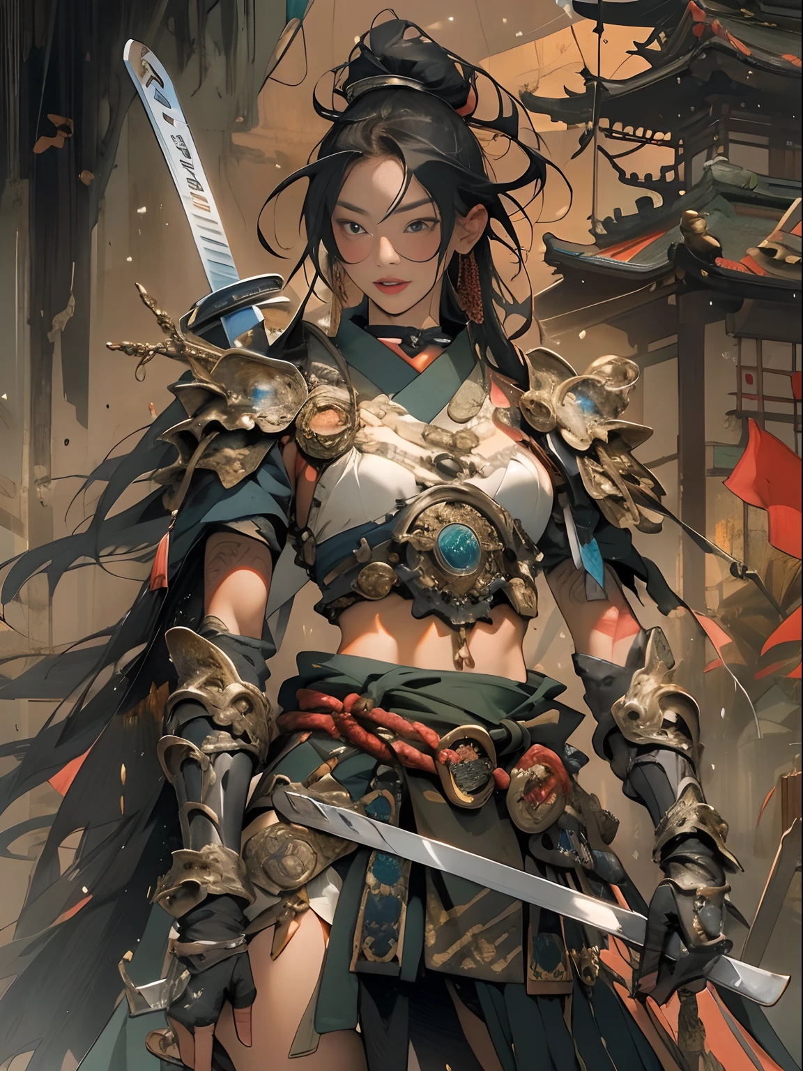 (((woman))), (((best qualityer))), (((tmasterpiece))), (((AS-Adult))), ((( Japanese ))), Look up from your knees, A beautiful asian samurai woman with perfect body, Modern samurai, ((( Asian))), Wear gloves on your hands，The left arm is made of steel and metal tips，Made of protective devices, The eyes are pulled, (( Appears below the breast )), (( Small dental floss )), Simon Bisley, Almost naked（Simon Bisley）Castle City Wilderness，For high-resolution posters, hair straight, Minimum clothing, armure (Crazy clothes ), Full of tips and rivets, tribal tattoos, (((full bodyesbian))), Straight brunette hair，Colored hair ends