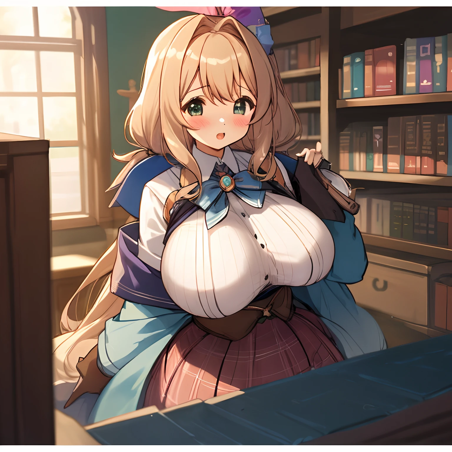 Book, (Full body:1.1)(Big breasts:1.2),smiling, flirty, cute Sfw, Lisa, witch outfit, witch hat, default clothing, library sitting at table, wooden table, wooden chair, tablecloth, tea , looking at viewer, (chubby),